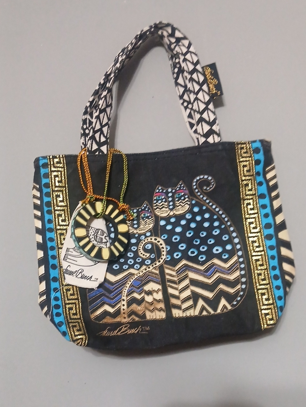Laurel Burch Black and Blue Cat Tote with Gold Accents